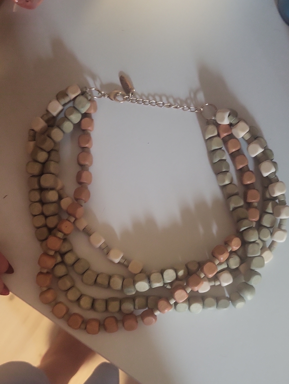 Plunder Multistrand Beaded Necklace in Sage Green, Peach & Cream